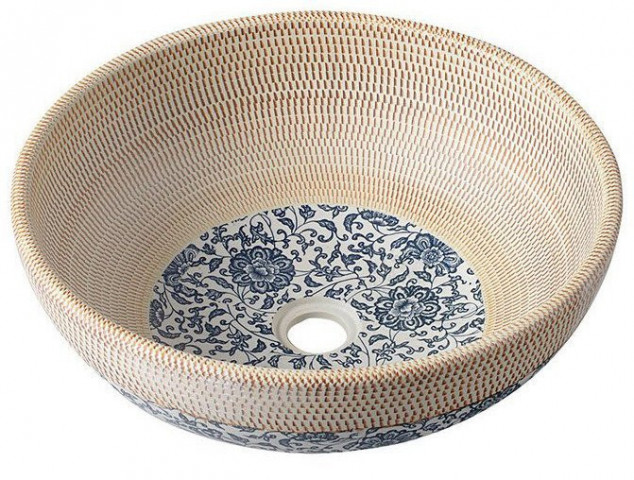 Sapho PRIORI keramické umyvadlo na desku, Ø 41 cm, béžová s modrým vzorem