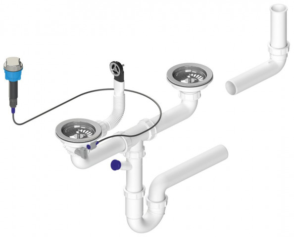 Bruckner Dřezový sifon s přepadem, ovládáním a odbočkou, 6/4", pro dvojdřez,  včetně pilety, DN40, bílá